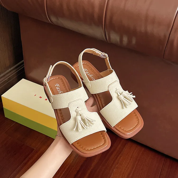 2025夏季新款中跟露趾女凉拖鞋绒面纯色平底时尚百搭女鞋