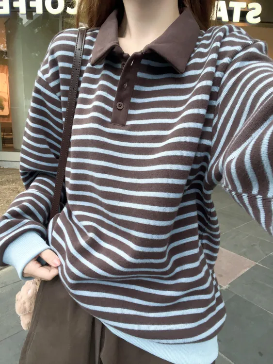翻领条纹毛衣女秋冬新款复古百搭撞色宽松韩系高级感长袖针织上衣