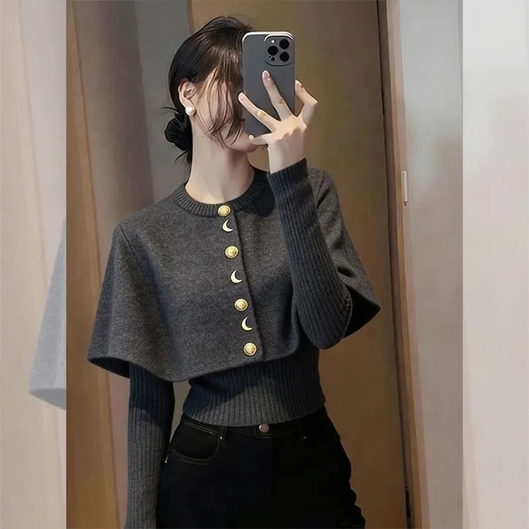 灰色披肩斗篷针织衫毛衣女春秋新款气质轻熟风女装慵懒感纯色上衣