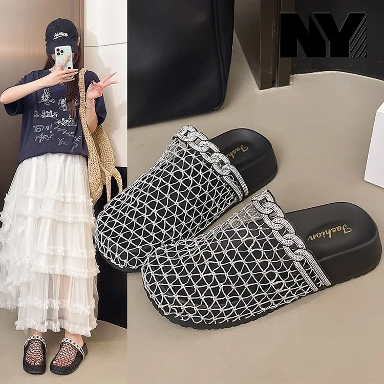 NY水钻包头渔网半拖鞋女2025夏新款厚底镂空透气网面沙滩凉拖鞋
