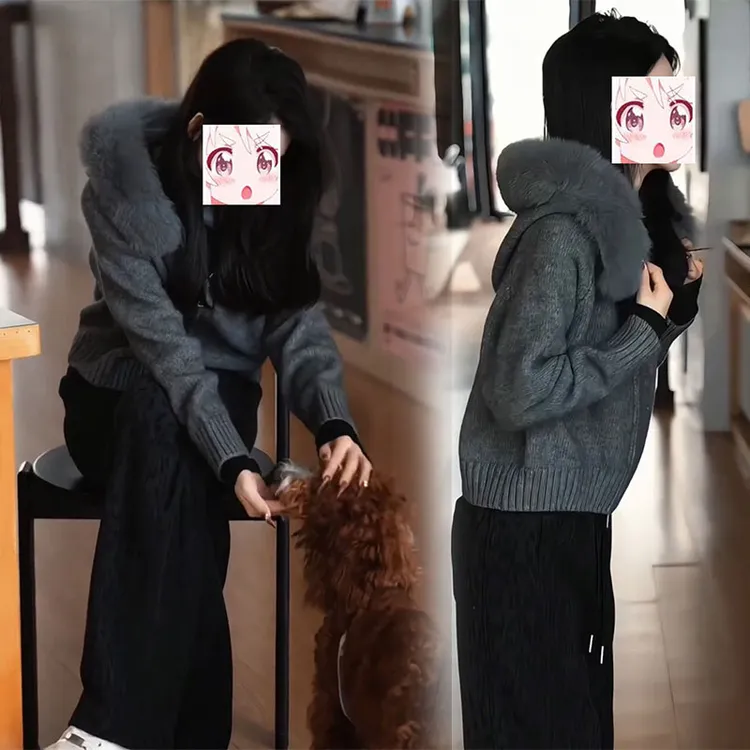 时髦松弛感秋冬季两件套短款连帽长袖针织衫高腰潮流豹纹休闲裤子