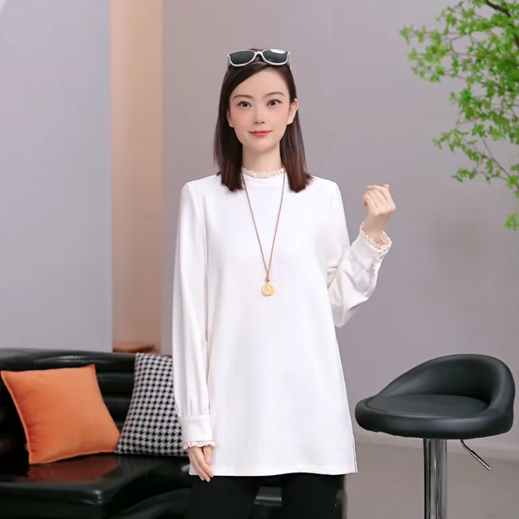 【加绒加厚】莱赛尔羊毛中长款洋气显瘦打底衫木耳边立领打底衫上衣