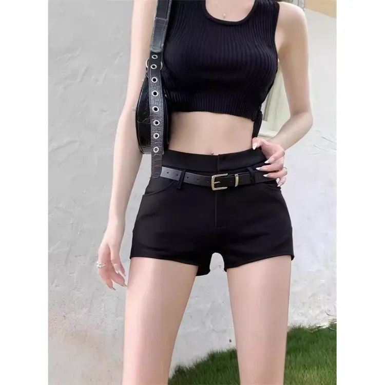 直筒阔腿裤热裤休闲短裤女秋辣妹小个子修身高腰黑色性感季美式
