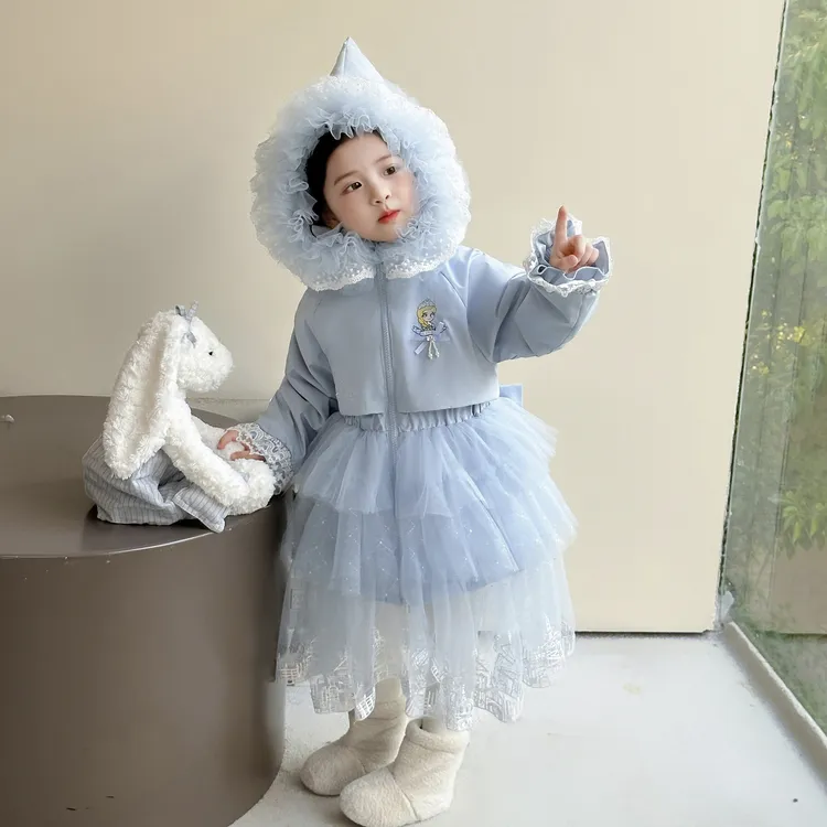 女童中长款爱莎加绒加棉刺绣蕾丝棉衣冬季新款洋气时尚卡通棉衣仙