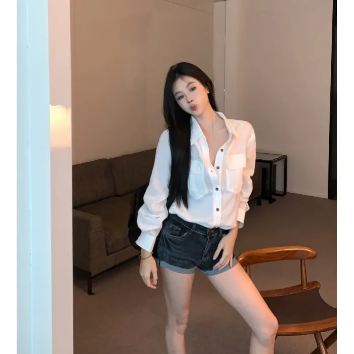 韩系白色polo领长袖衬衫女夏季宽松气质防晒衬衣小众百搭通勤上衣