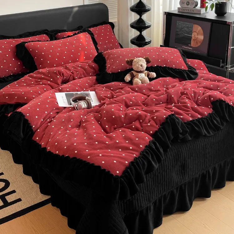 法式花边加厚牛奶绒床盖四件套公主风双面绒被套保暖亲肤床品套件