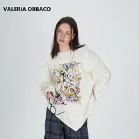  VALERIAOBBACO秋季休闲圆领上衣VO白色涂鸦斜切长袖T恤