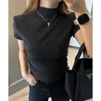 合苞秋季新款老钱风半高领打底衫气质短袖针织衫女修身薄款上衣