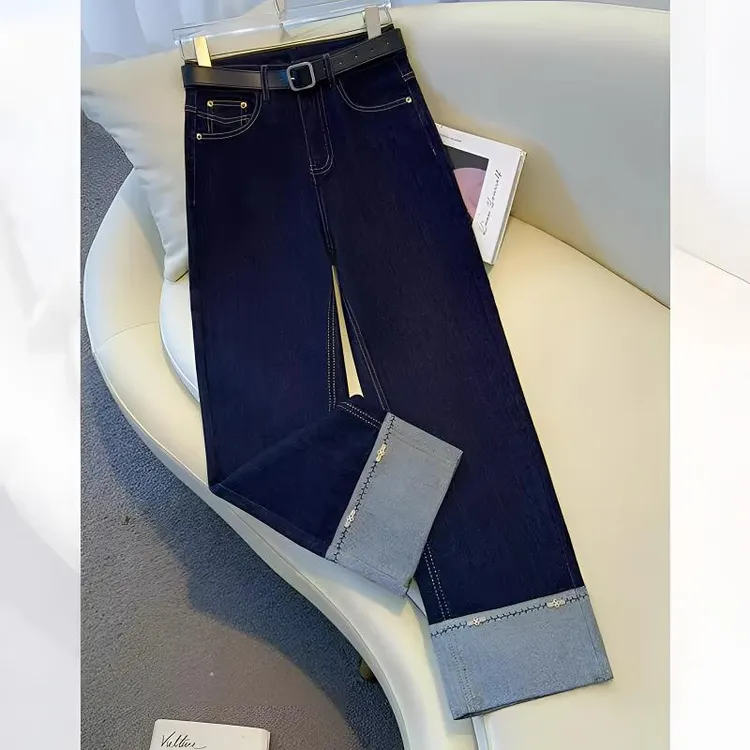 丹宁蓝九分牛仔裤女春秋季2025新款爆款显瘦直筒裤拼接撞色烟管裤