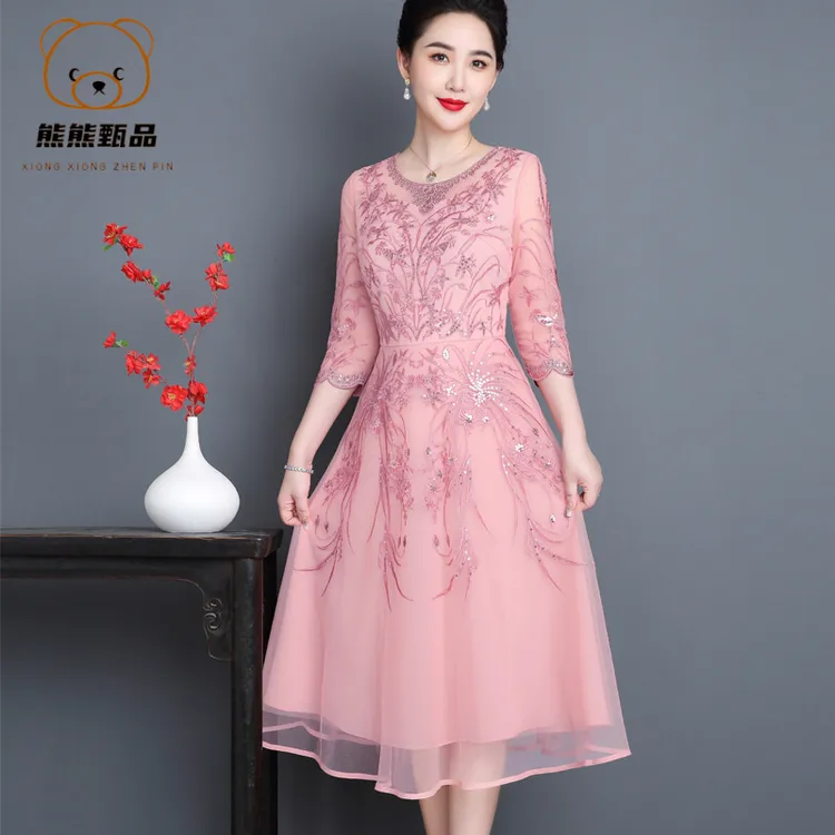 2023春季新款妈妈装 气质优雅刺绣喜婆婆礼服婚宴连衣裙一件代tq