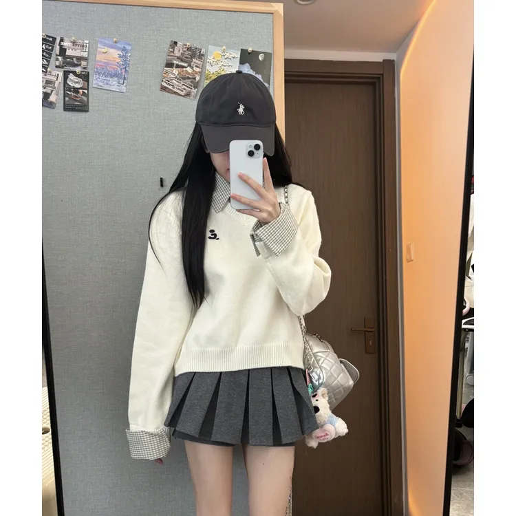 学院风格纹假两件毛织女圆领刺绣针织休闲慵懒感外套上衣圆领针织