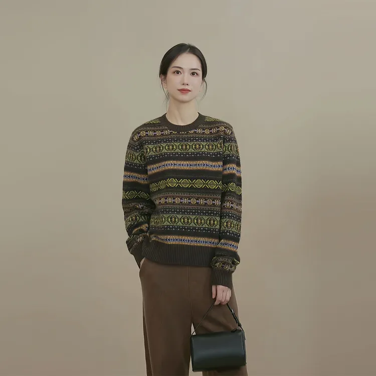 小禾【枫糖】秋冬复古民族风提花圆领宽松亲肤保暖叠穿套头针织衫
