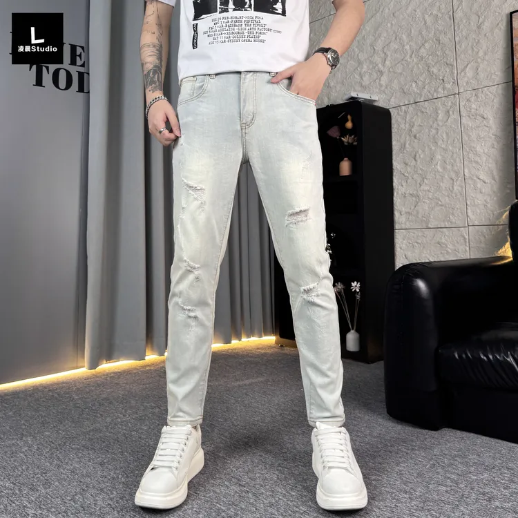 2025新款牛仔裤男修身百搭潮流破洞小脚裤时尚韩版九分牛仔裤男款