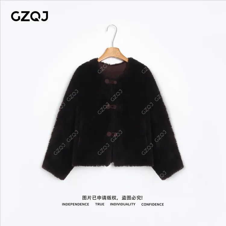 老琴私服【布朗尼】琥珀流光风100羊毛保暖加厚毛毛外套女冬季6123