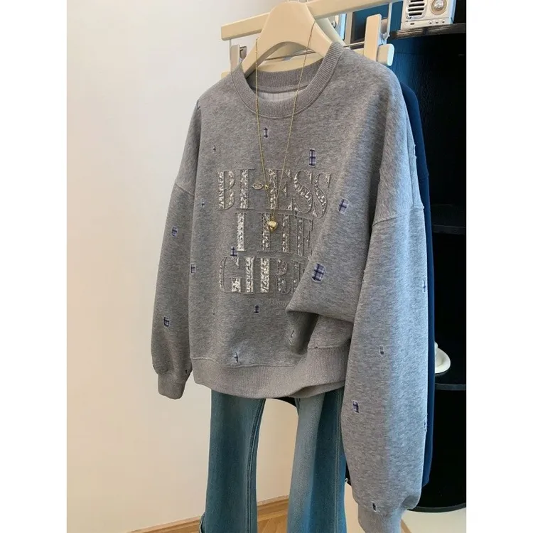 大码女装胖mm240斤美式复古套头重工卫衣女秋季设计感休闲上衣潮