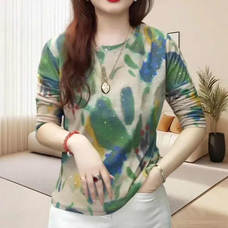 长袖细闪t恤女复古印花上衣新款减龄洋气2025秋装高级感打底衫
