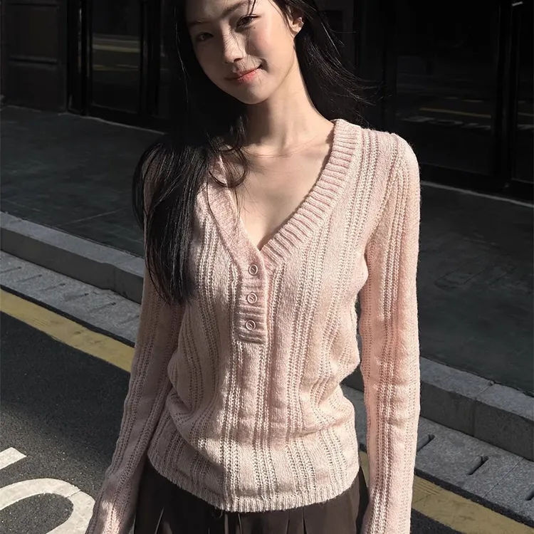 V领毛针织衫复古女装镂空毛衣常规常规款针织设计感