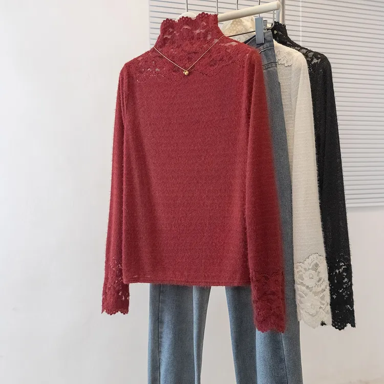 2025大码女装新款高级感韩系高领蕾丝钩设计花百搭显瘦打底衫上衣