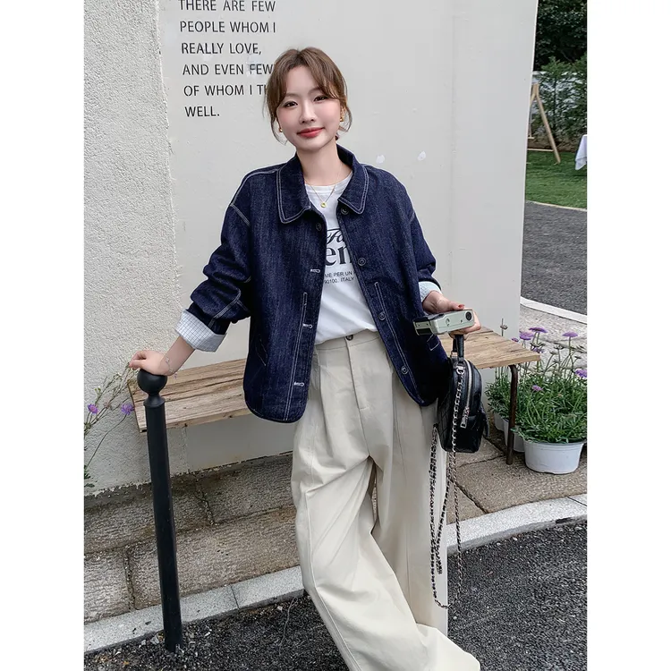 韩版复古拼接牛仔外套女秋季新款复古百搭显瘦小个子春夹克衫上衣