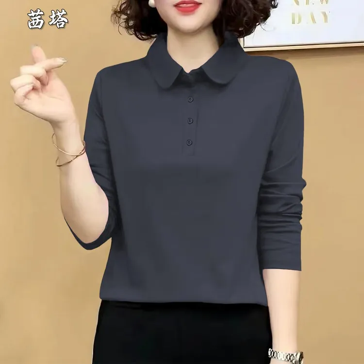 2025简约休闲 韩版长袖覆古气质POLO上衣春秋百搭纯色宽松文艺T恤