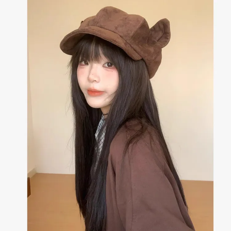 复古麂皮绒猫耳朵贝雷帽女秋冬季显脸小八角帽休闲百搭画家帽子潮
