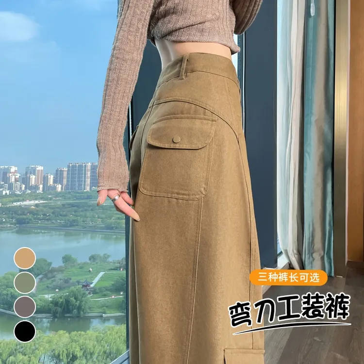 加绒加厚弯刀工装裤女秋冬2025新款高腰阔腿休闲裤潮酷运动裤百搭