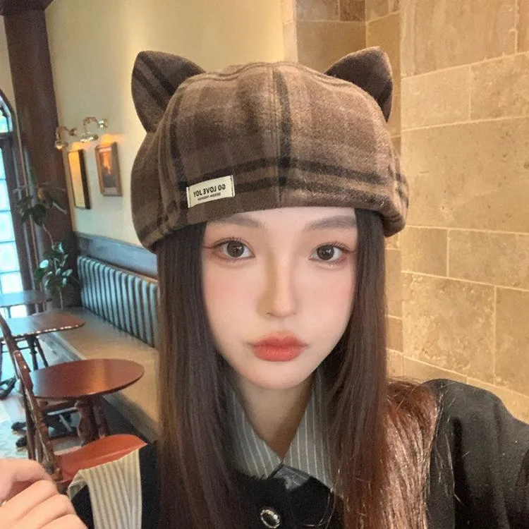 复古格纹猫耳朵贝雷帽子女春秋显脸小百搭毛呢画家帽保暖南瓜帽子