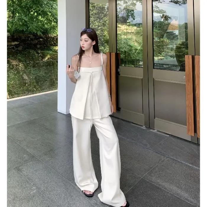 辣妹设计感杏色宽松系带吊带背心女夏季垂感显瘦休闲裤长裤两件套