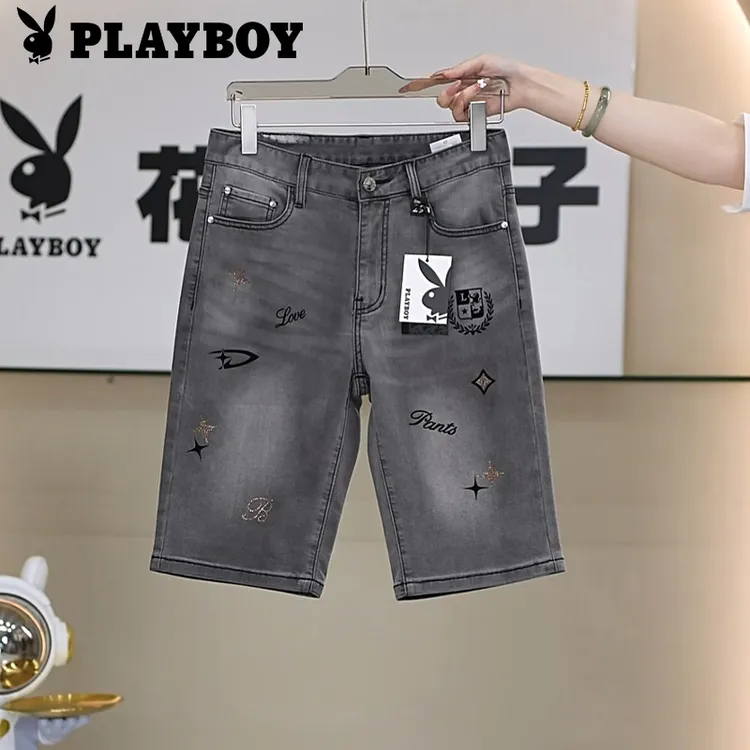 PLAYBOY/花花公子黑灰色夏季薄款男士透气柔软印花烫钻百搭五分