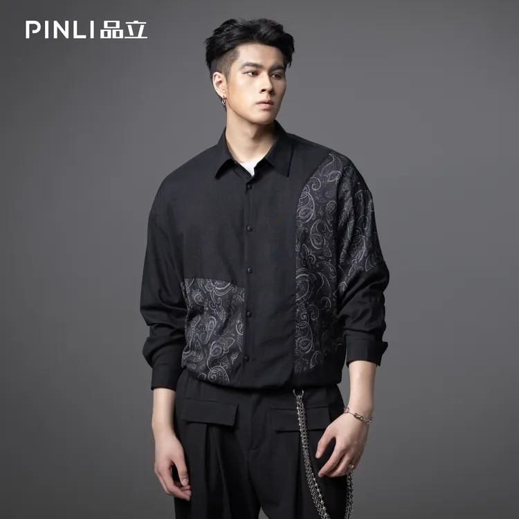 PINLI品立秋季印花拼接长袖衬衫男士休闲时尚黑色衬衣B253113007