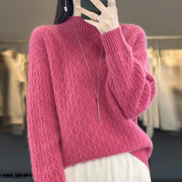 鄂尔都市100%羊毛衫女秋冬保暖加厚大码毛衣半高领宽松长袖打底衫