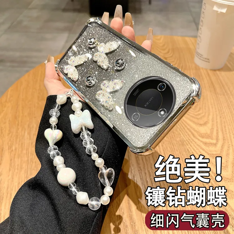 适用荣耀X70手机壳气囊防摔X60高档镶钻女款X50全包X40带挂绳X30