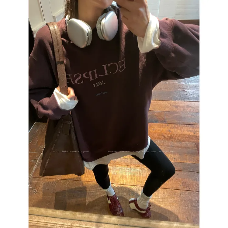 JCCC影子【布鲁棕调】咖色字母阴影印花磨毛圆领套头卫衣JE4BOP10