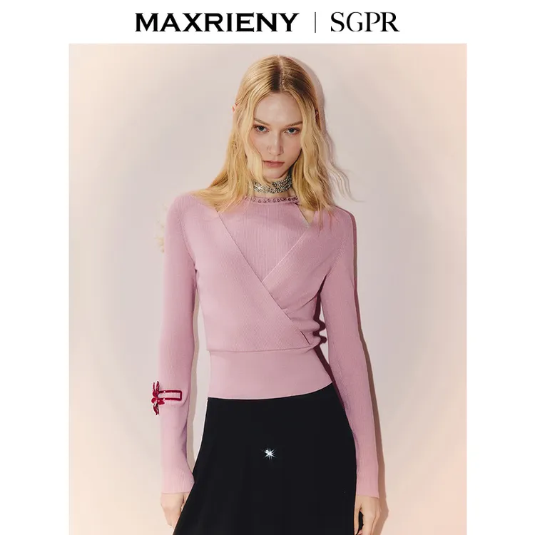 【商场同款】MAXRIENY优雅感水钻装饰圆领毛衫25秋miu系穿搭