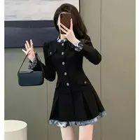 复古打底小香风连衣裙女2025春秋西装拼接黑色收腰百褶修身字裙