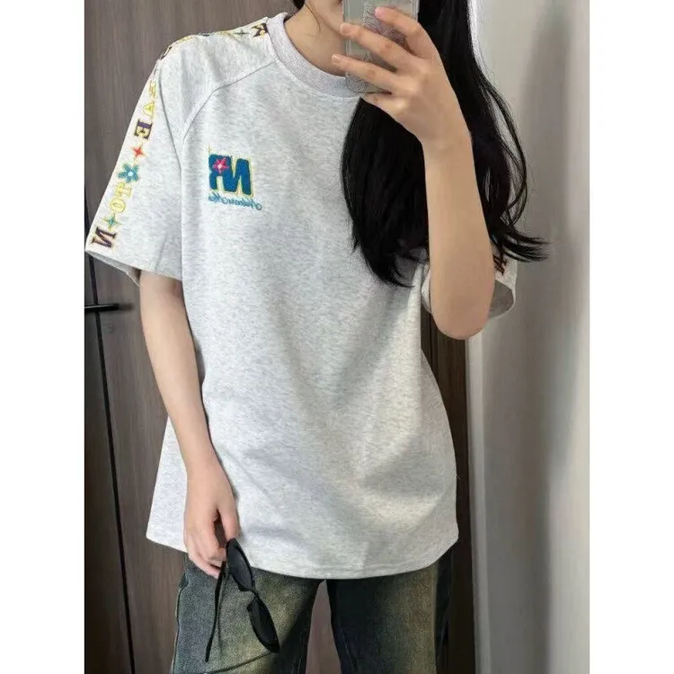 cleanfit字母刺绣t恤男款夏季潮牌美式重磅短袖上衣学院风五分袖