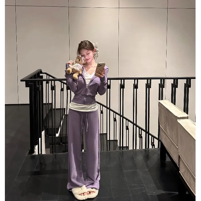 美式辣妹连帽紫色长袖卫衣外套抽绳高腰垂感休闲阔腿长裤套装女秋