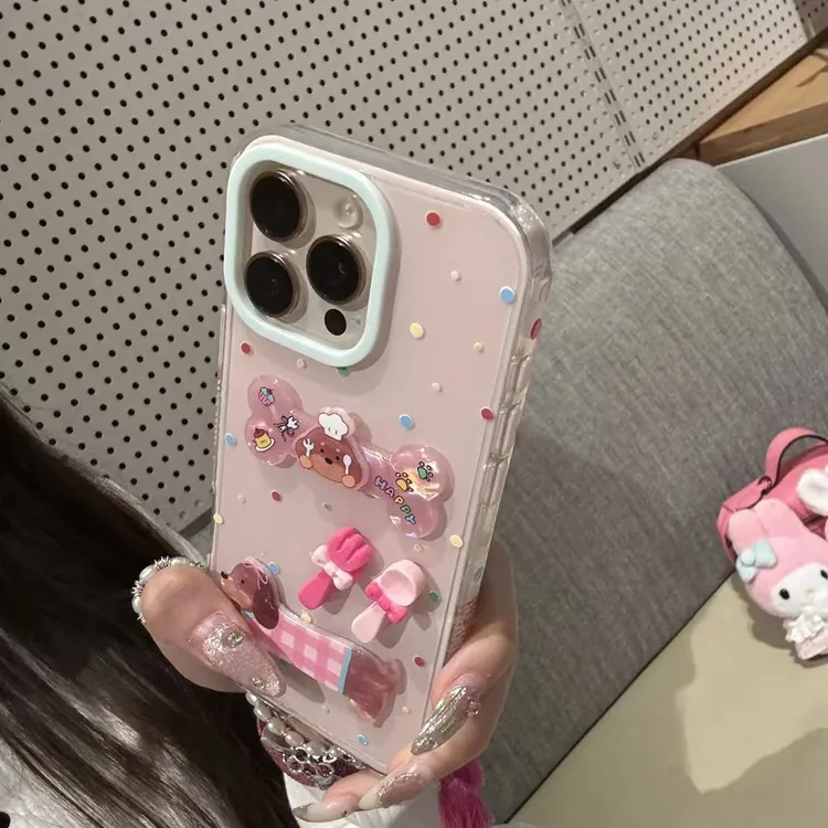 日韩波点立体餐具骨头小狗适用iPhone16promax手机壳可爱15少女心