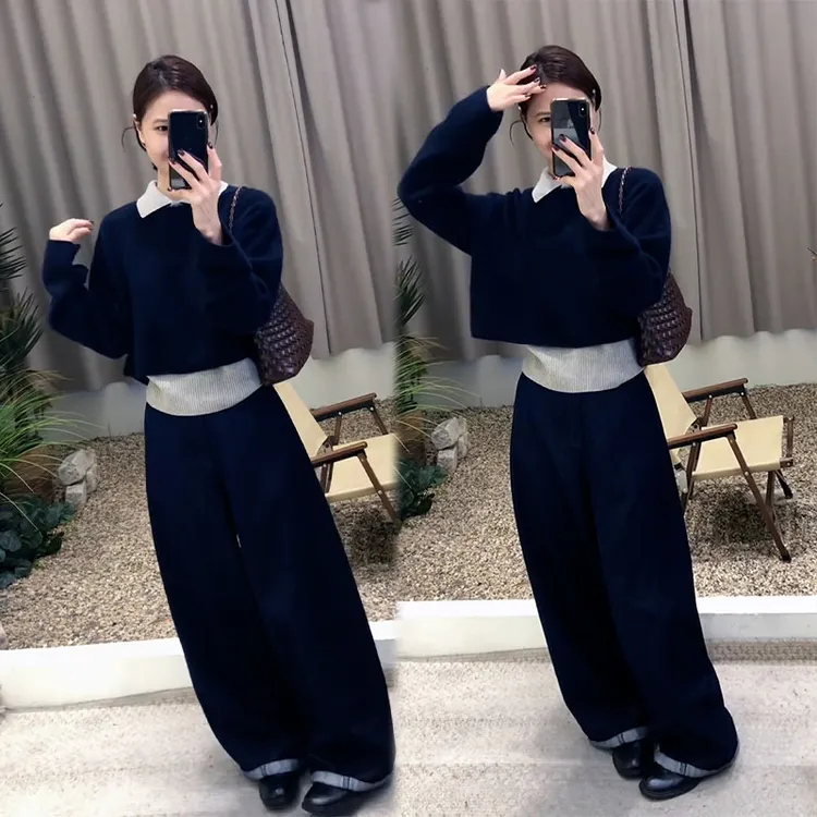 2025秋季新款设计感时尚百搭长袖毛衣内搭背心女休闲阔腿裤三件套
