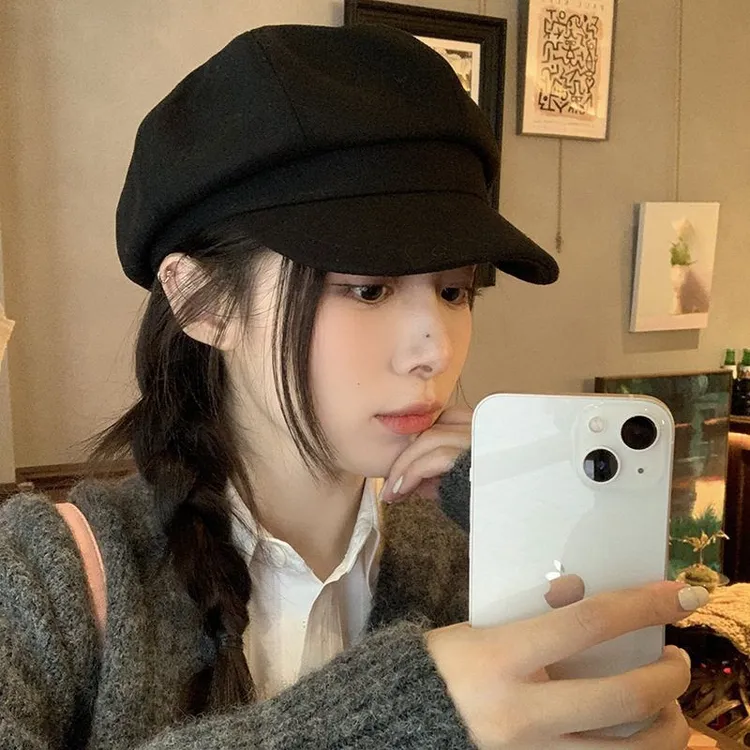 女时尚百搭显脸小大头围法式复古毛呢八角女款秋冬帽子ouipack