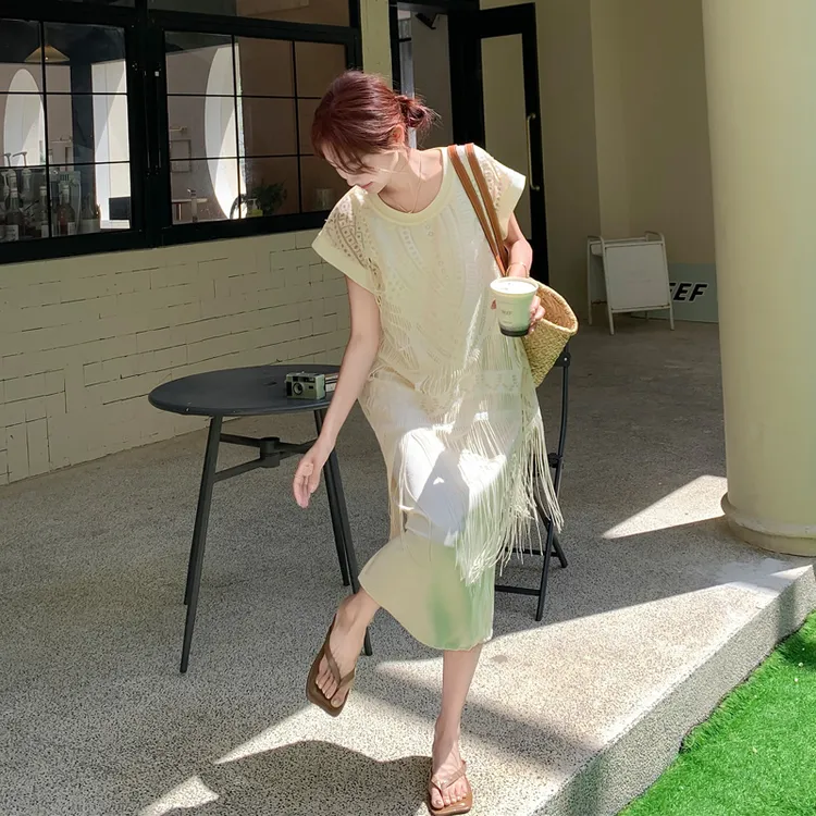 波西米亚风连衣裙女2025女夏新款海边度假风氛围感假两件流苏裙子