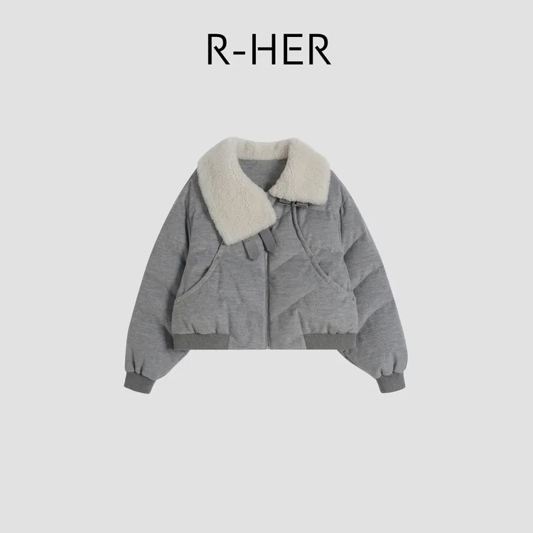 R-HER“灰绒”休闲风慵懒感短款加厚保暖设计时尚羊毛外套RP5DCY950