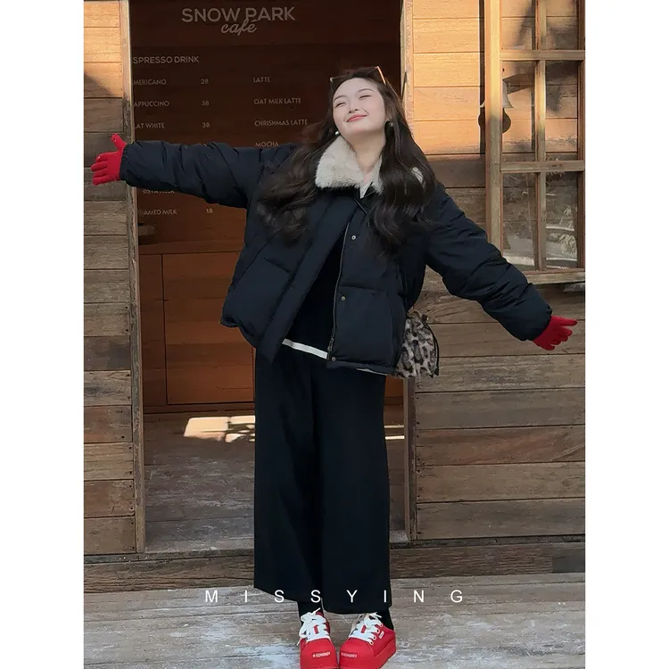 应小姐【可露丽】微胖大码冬季加厚短款毛领90白鸭绒羽绒服轻装滑