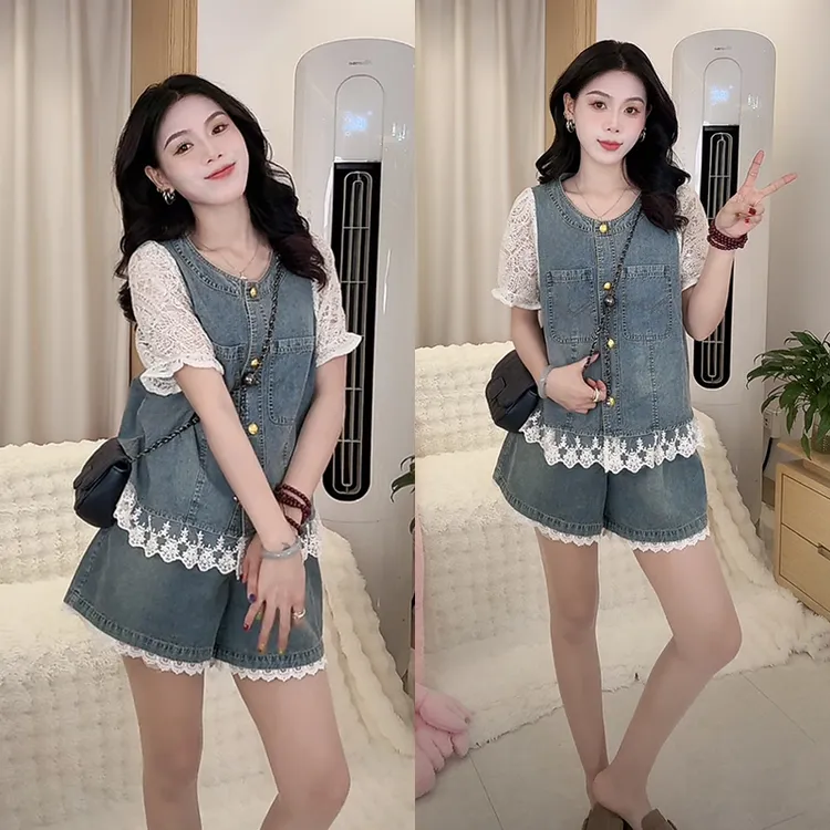 独特设计感巨显瘦套装女蕾丝拼接牛仔上衣阔腿短裤两件套2025夏新