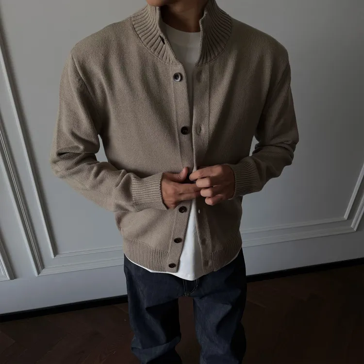 ''TZG''冬季针织混纺高棉感开衫半高领复古老钱风慵懒感毛衣外套