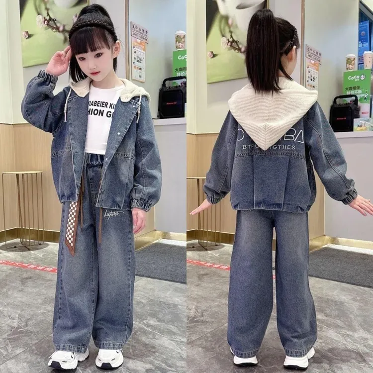 巴拉扣扣女童春装牛仔外套2025新款洋气牛仔裤套装大童秋装儿童春