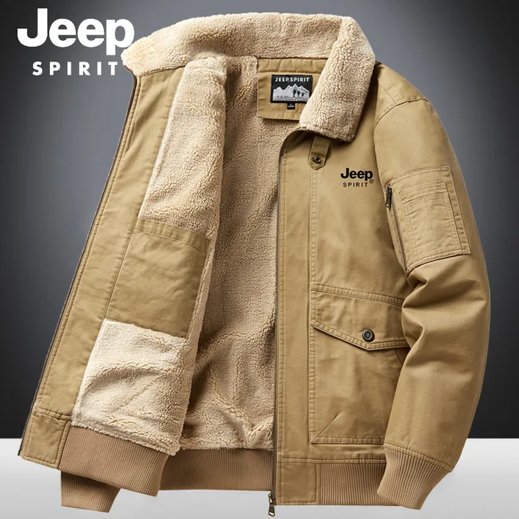 Jeep官方正品加绒工装夹克男100%纯棉秋冬新款外套男士加厚保暖潮