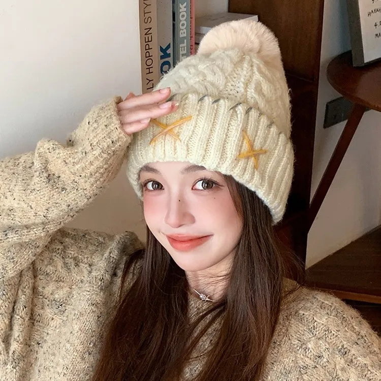 秋冬针织帽子女款加绒加厚保暖冷帽百搭护耳宽松大头围毛球毛线帽
