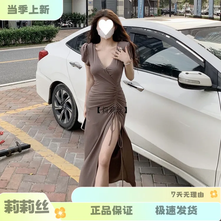 【莉莉丝】高冷御姐风法式气质v领抽绳修身显瘦包臀性感开叉长款连