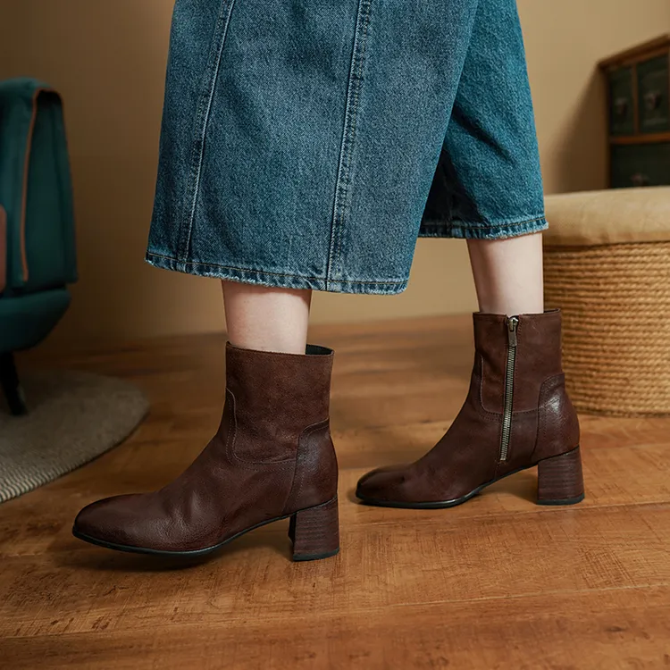 跟高5厘米/水洗头层牛皮美拉德复古短靴2025秋冬简约真皮粗跟女靴